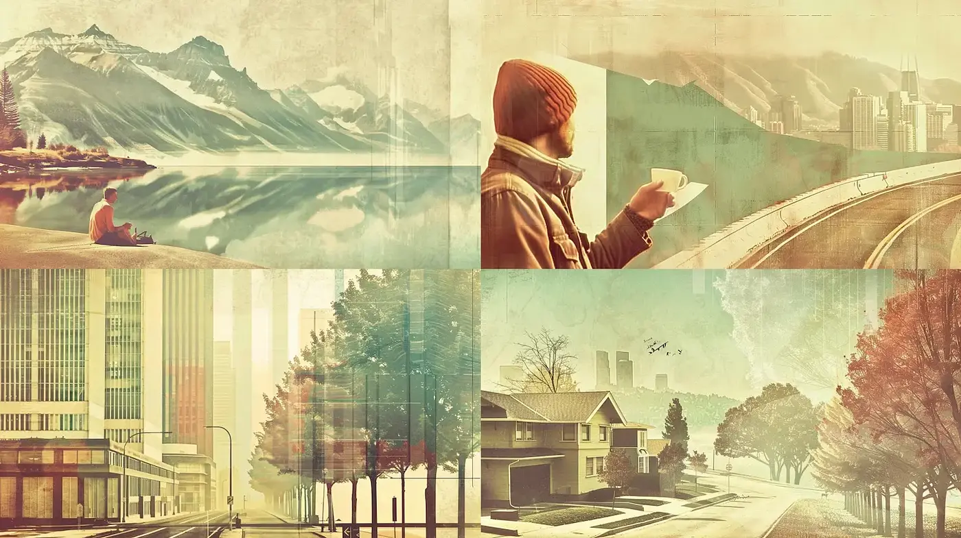Nostalgic landscapes blending urban and natural elements with a dreamlike ambiance - Midjourney sref style