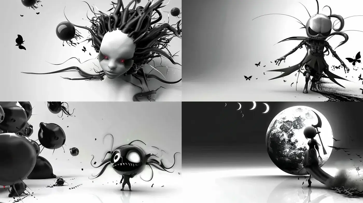 Surreal and Whimsical Black and White Illustrations with a Touch of Fantasy - Midjourney sref style