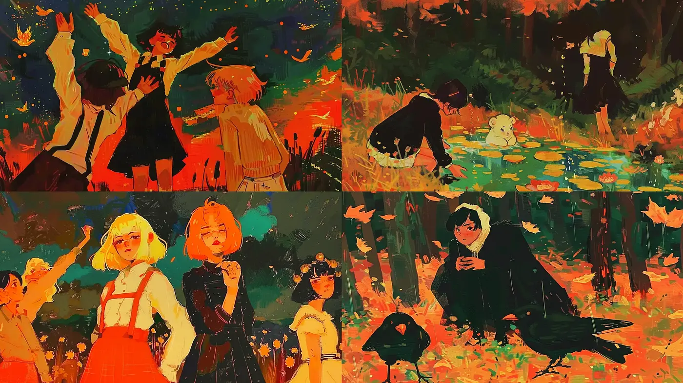 Dappled Sunlight and Vivid Hues: Expressionist-Inspired Scenes of Enchantment and Childhood Innocence - Midjourney sref style