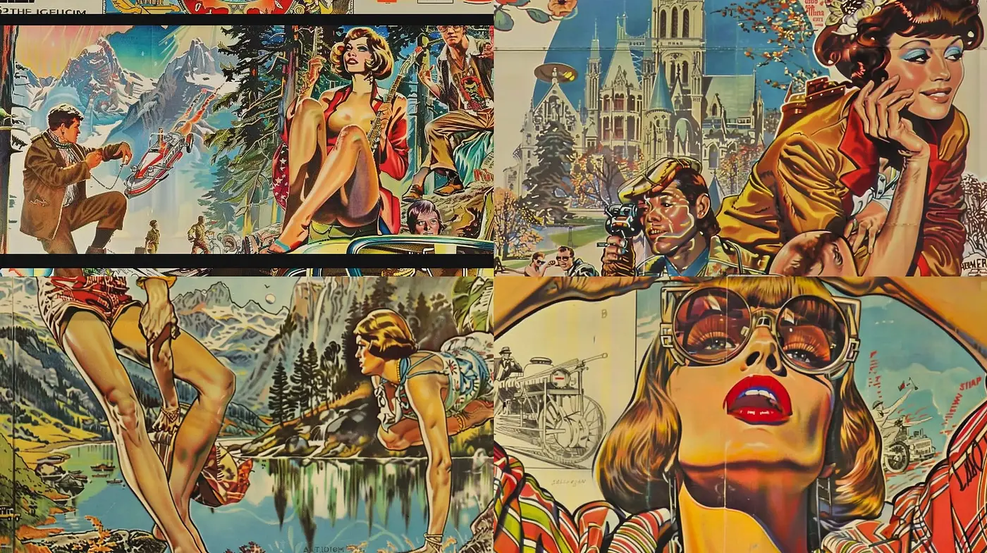 Retro Pulp Adventure Illustration Fusion - Midjourney sref style