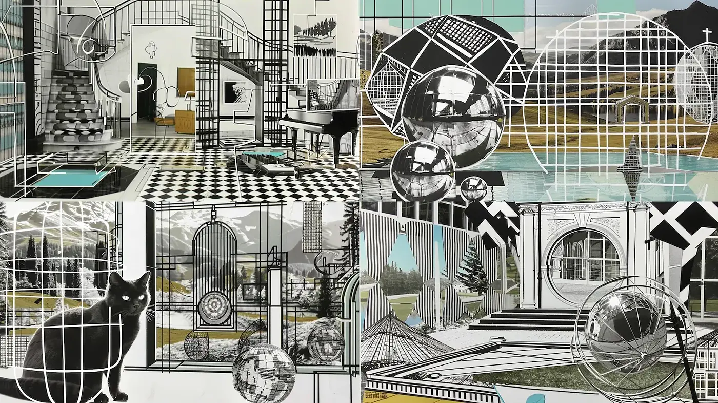 Elegant interplay of modernist architecture and surrealistic elements - Midjourney sref style