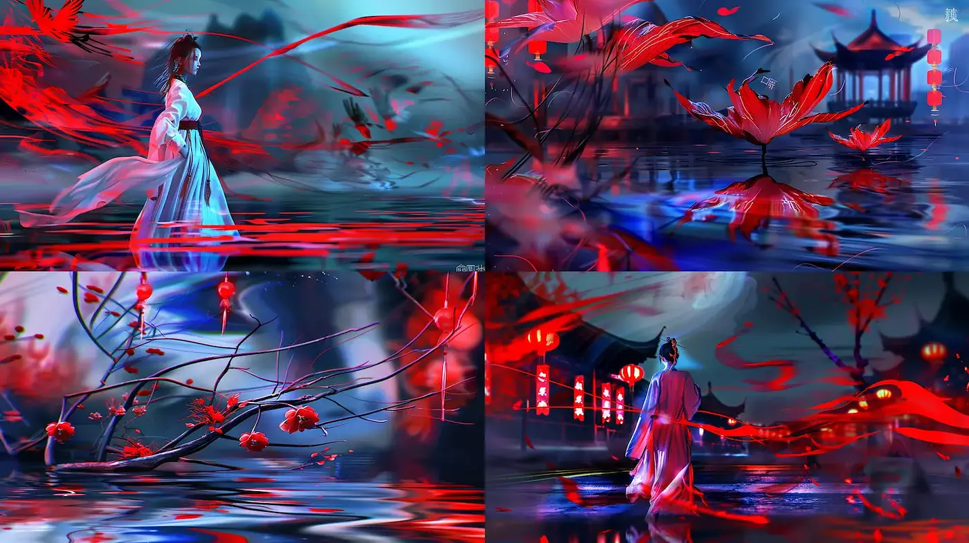 Dynamic and Fluid Aesthetic with a Luminous Red Palette - Midjourney sref style