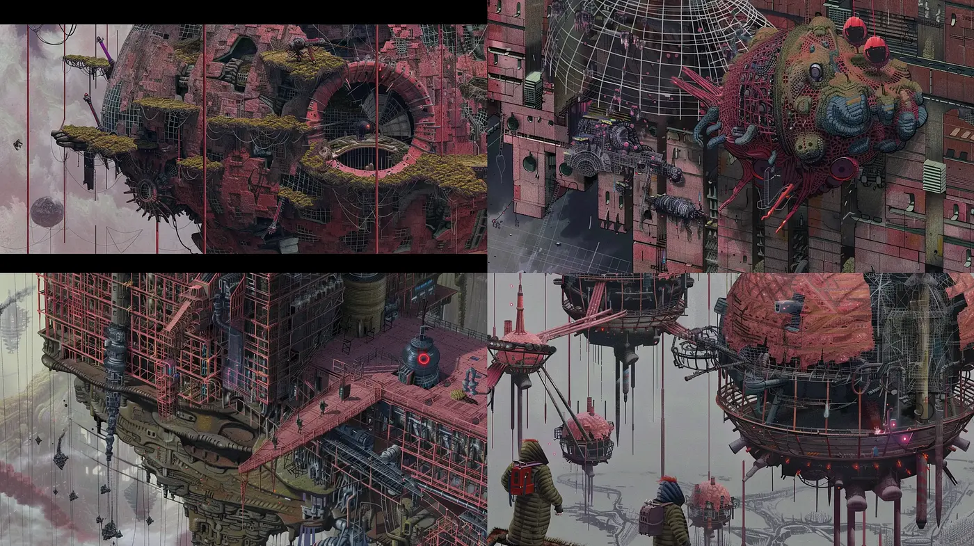Dystopian Steampunk Dreamscape: A Fusion of Industrial Complexities and Futurism - Midjourney sref style
