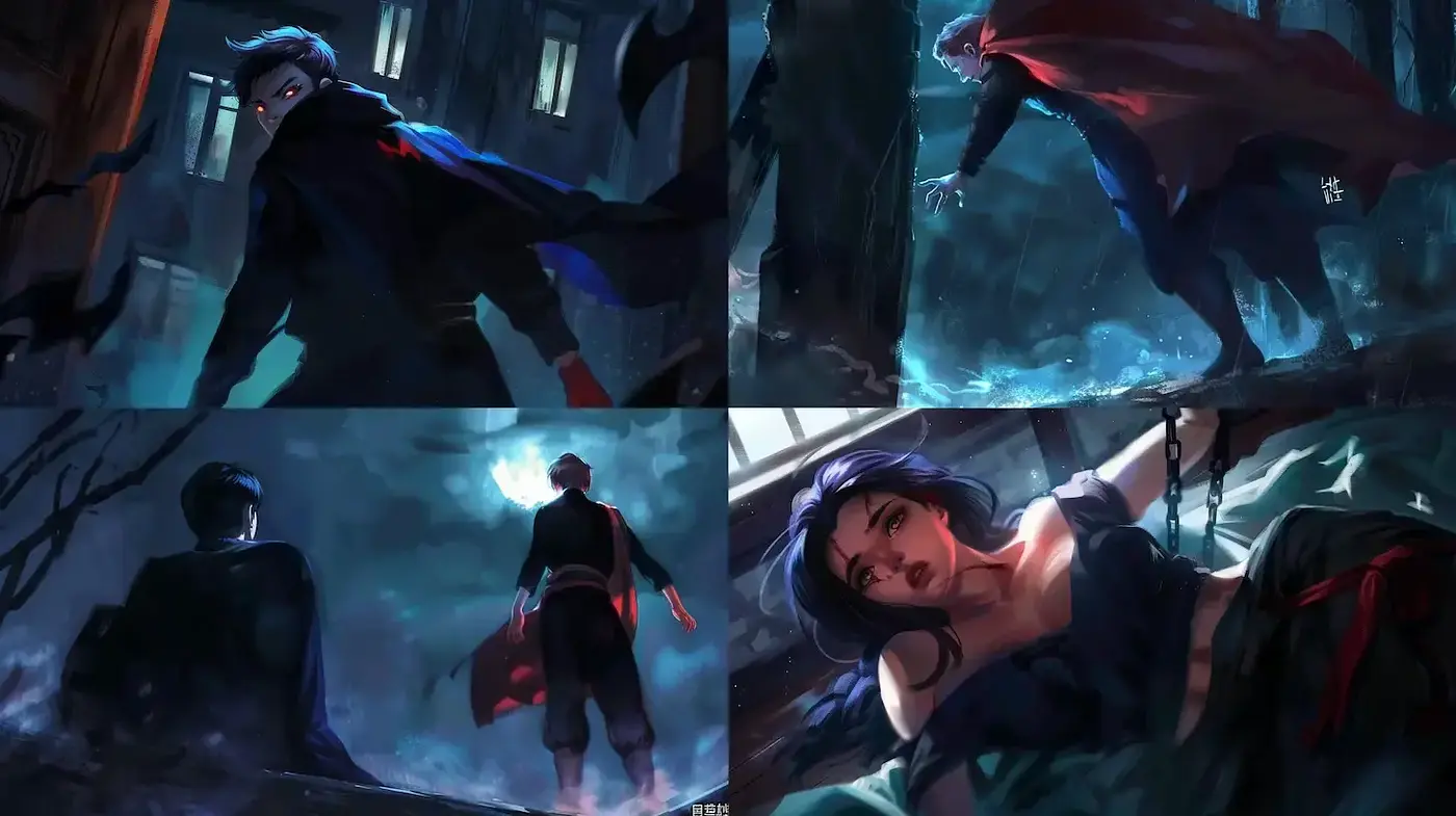 Dynamic and Atmospheric Digital Art Aesthetic Reflecting Gothic and Superhero Influences - Midjourney sref style