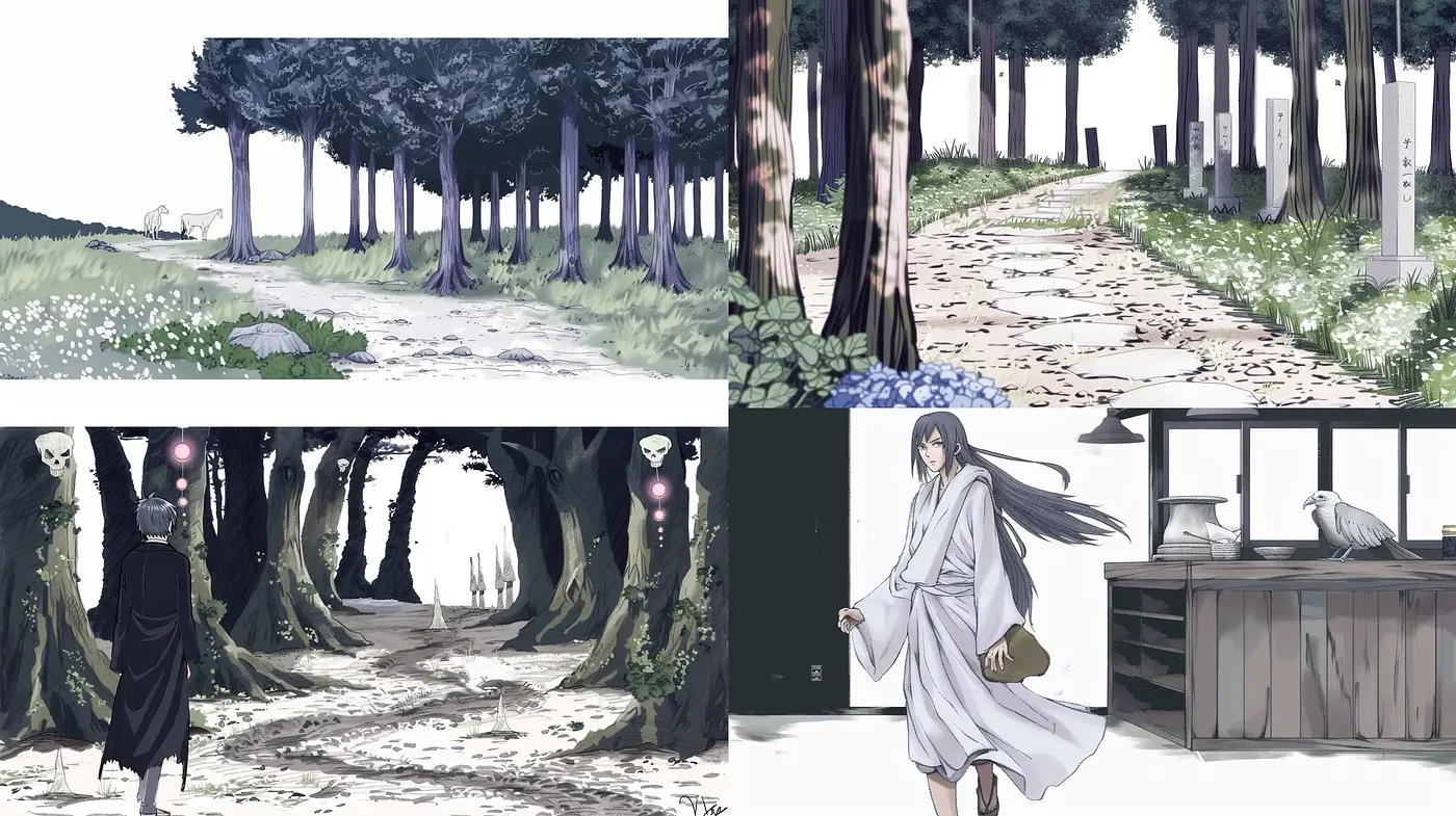 Ethereal Tranquility in Monochromatic Anime-Inspired Landscapes - Midjourney sref style