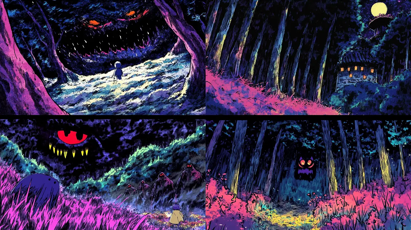 Ethereal Nocturne of Crimson Eyes: A Vibrant Blend of Surrealism and Fantasy - Midjourney sref style