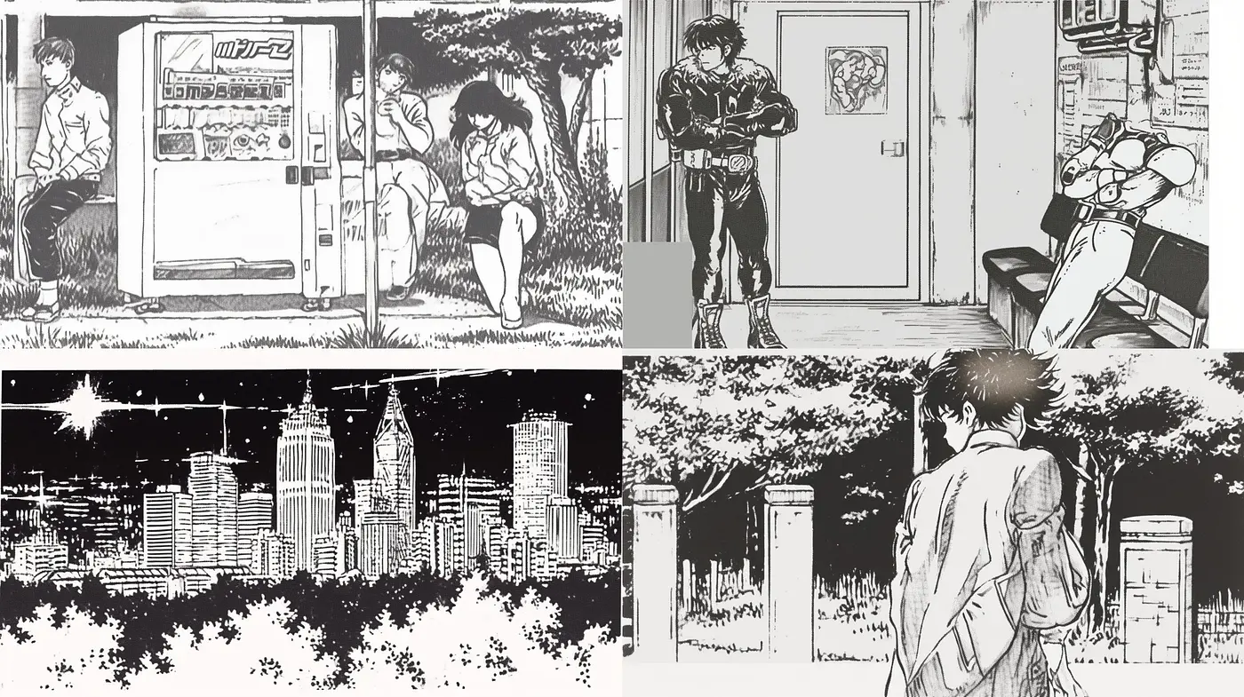 Monochromatic Manga-Inspired Illustrations with a Nostalgic Urban Feel - Midjourney sref style