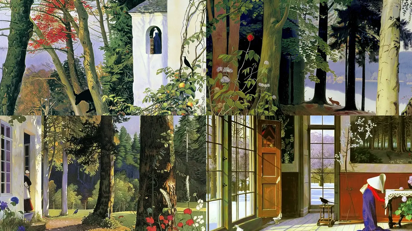 Luminous Arcadia: A Tapestry of Vivid Pastoral Scenes with Rich Textures - Midjourney sref style