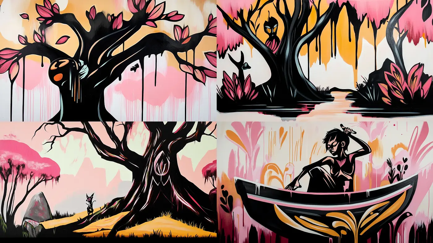 Dramatic Contrast with Stylized Nature in a Vivid Expressionistic Harmony - Midjourney sref style