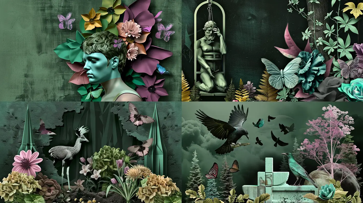 Emerald Botanical Dreamscapes: A Surreal Fusion of Flora and Classical Elements - Midjourney sref style