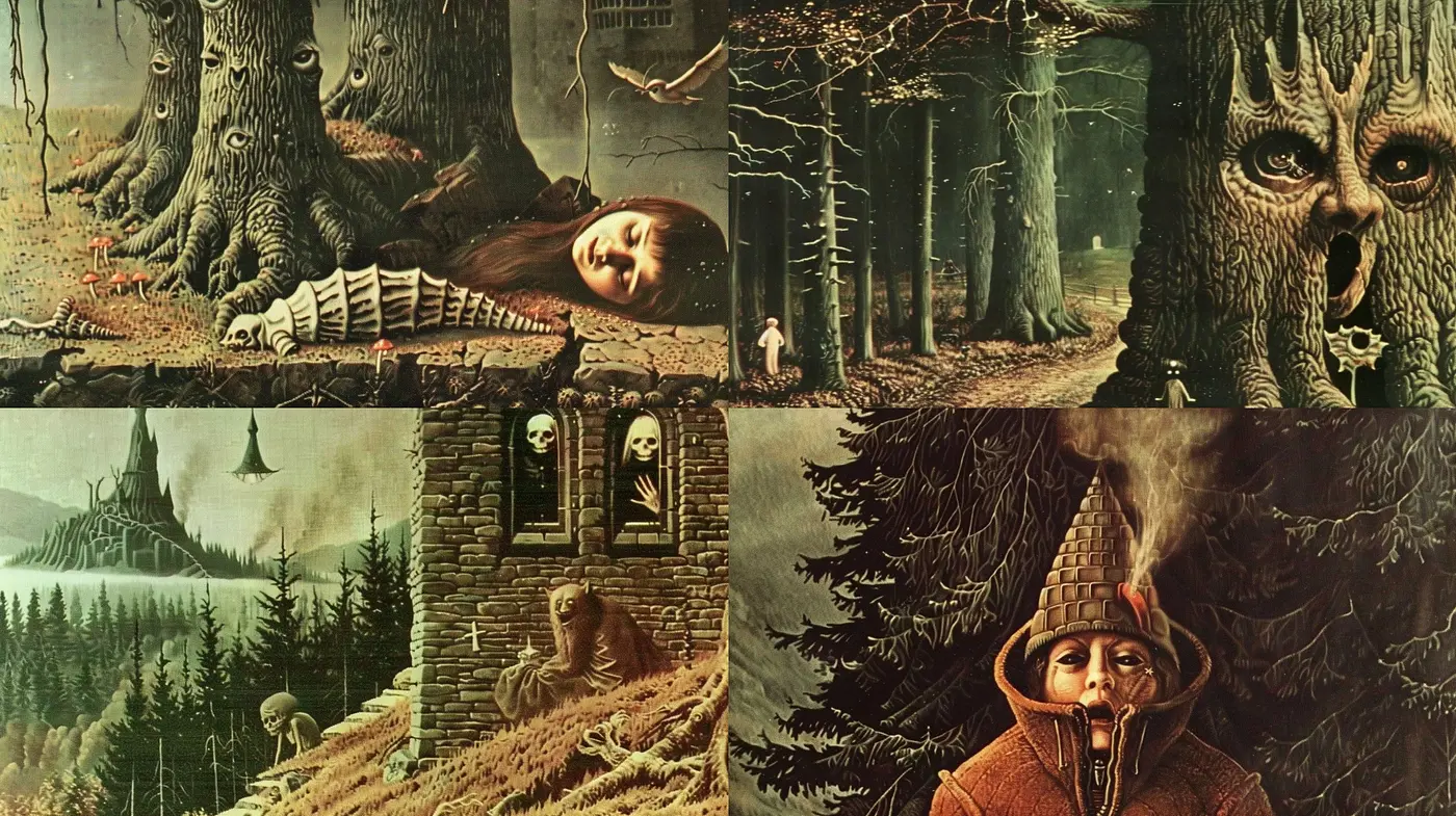 Ethereal Gothic Whimsy: A Fusion of Surrealism and Myth in Earthy Tones - Midjourney sref style