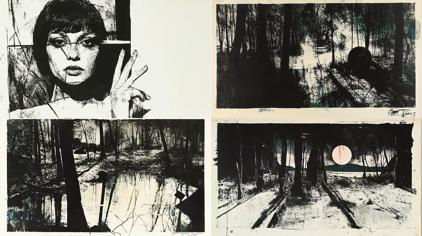 Monochromatic Etching Essence with Expressive Inkwork - Midjourney sref style