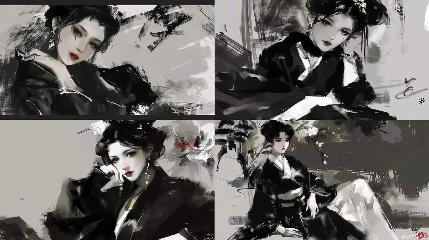 Elegant and Dramatic Ink Wash Portraiture with a Contemporary Twist - Midjourney sref style