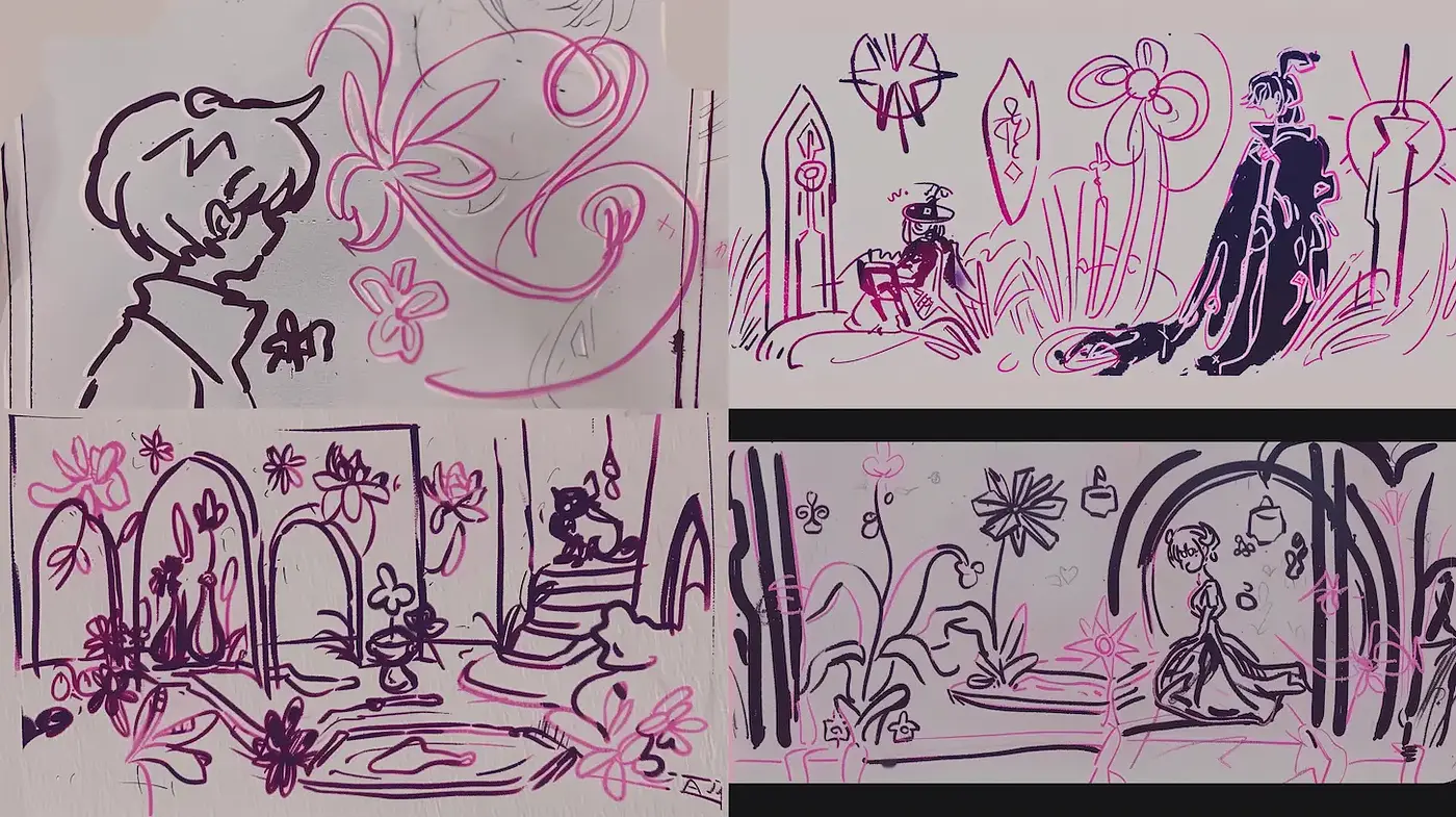 Whimsical floral line art with a soft, dreamlike quality - Midjourney sref style