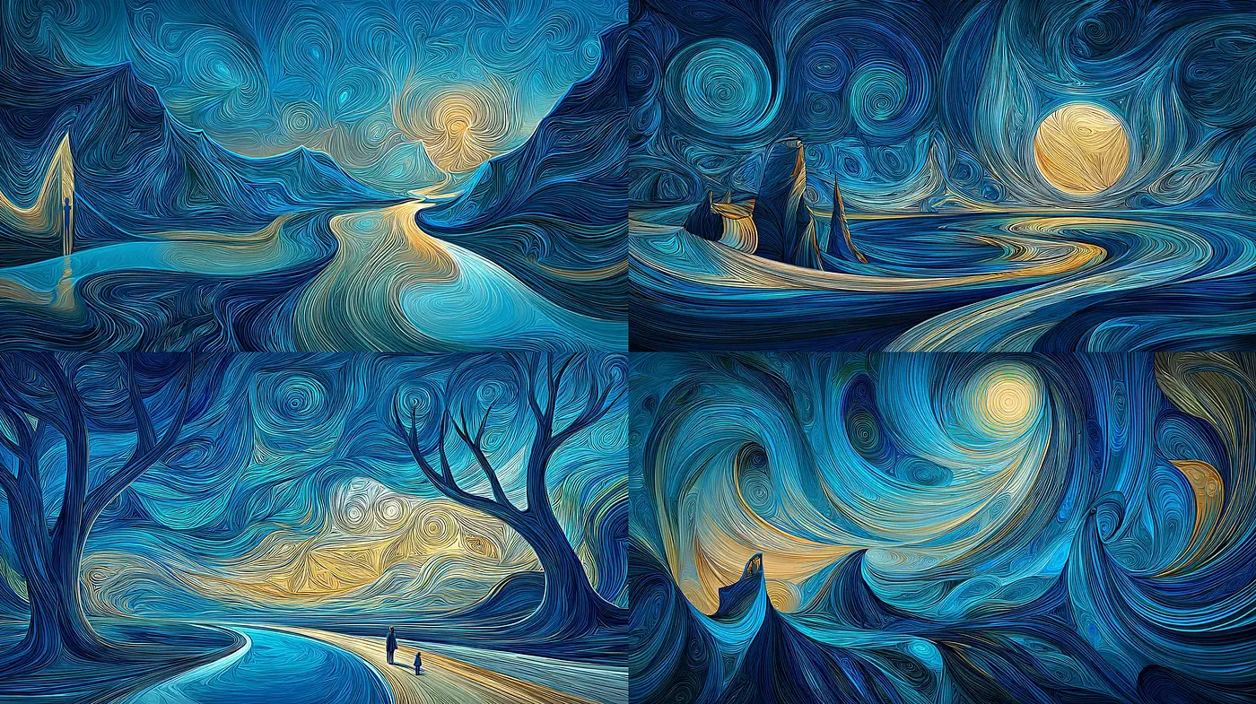 Dynamic Swirls and Whimsical Landscapes with a Touch of Impressionism - Midjourney sref style