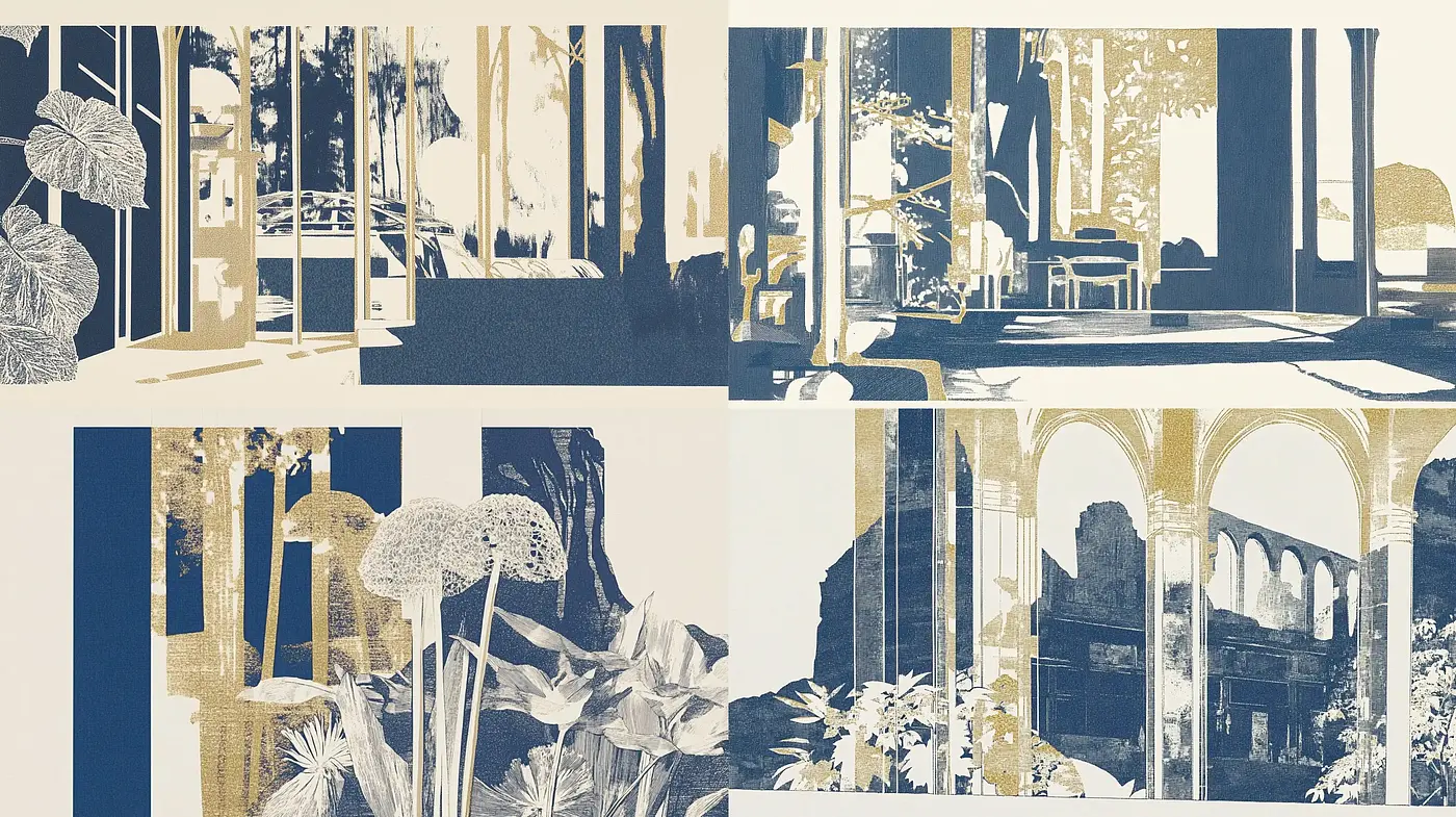 Golden Hues and Tranquil Shadows: Exploring Serenity in Two-Tone Woodblock Print Style - Midjourney sref style