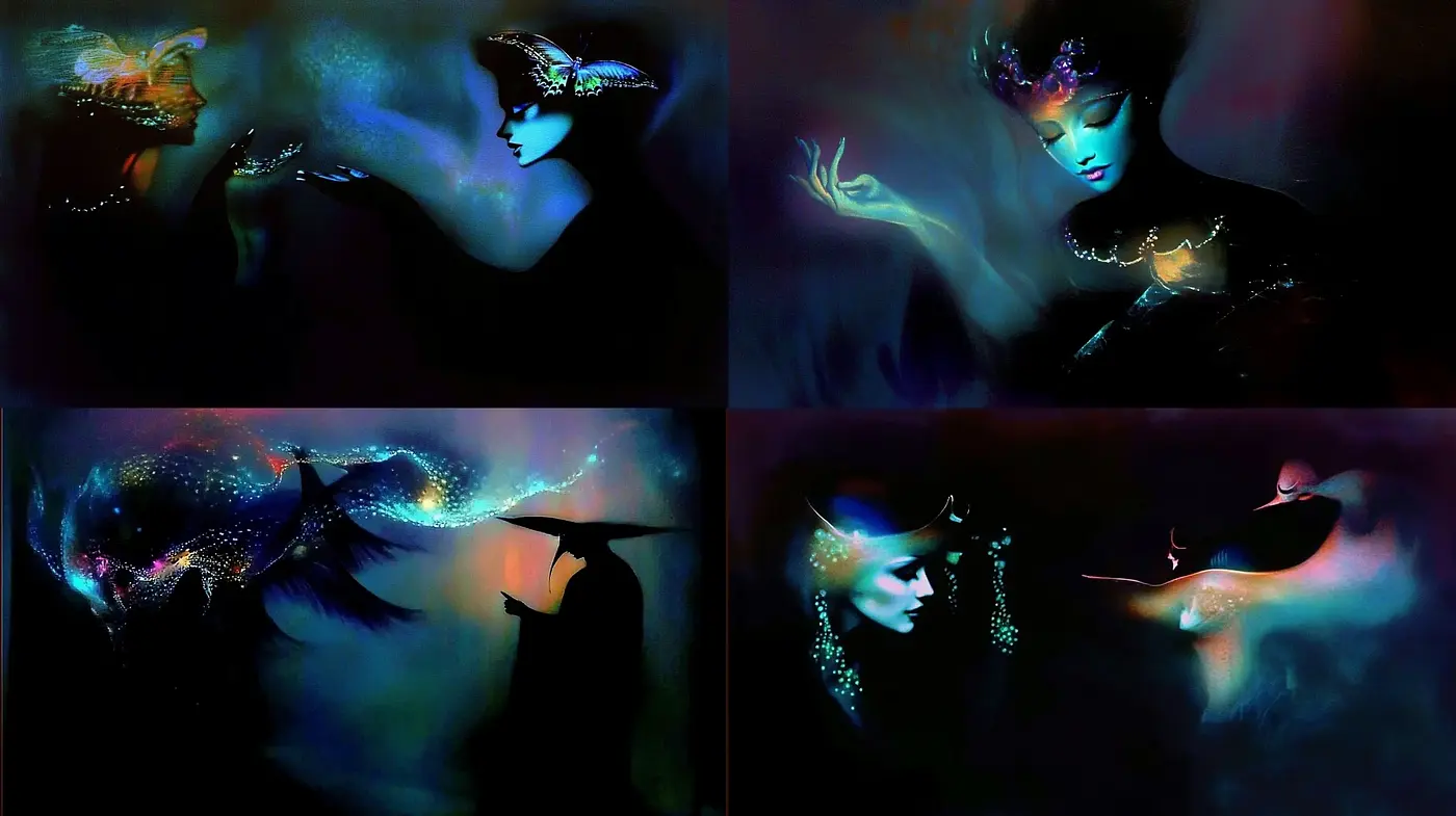 Ethereal Nocturnal Dreamscapes with Luminescent Accents - Midjourney sref style