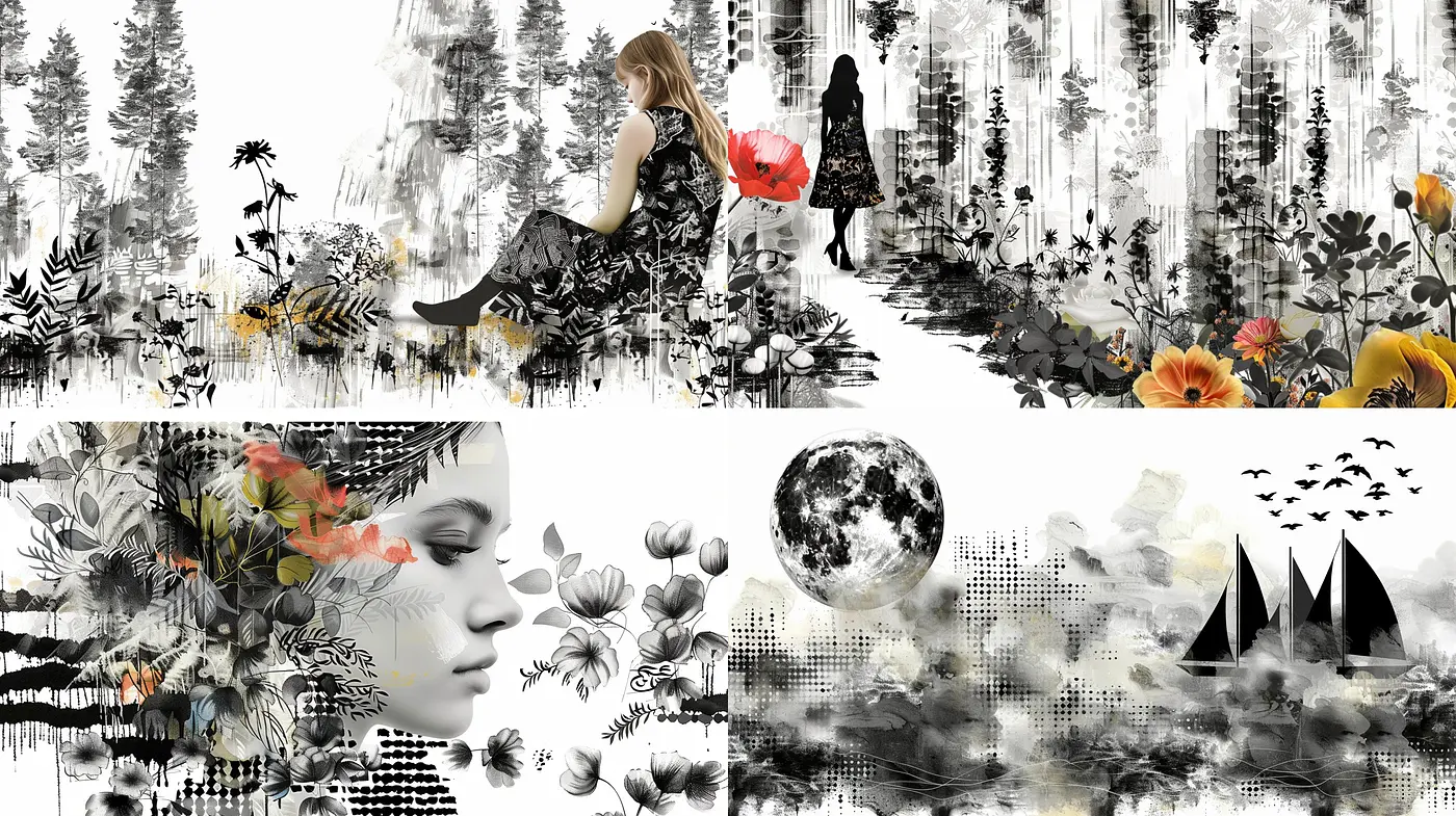 Monochromatic Floral Digital Collage with Surrealistic Overtones and Graphic Textures - Midjourney sref style