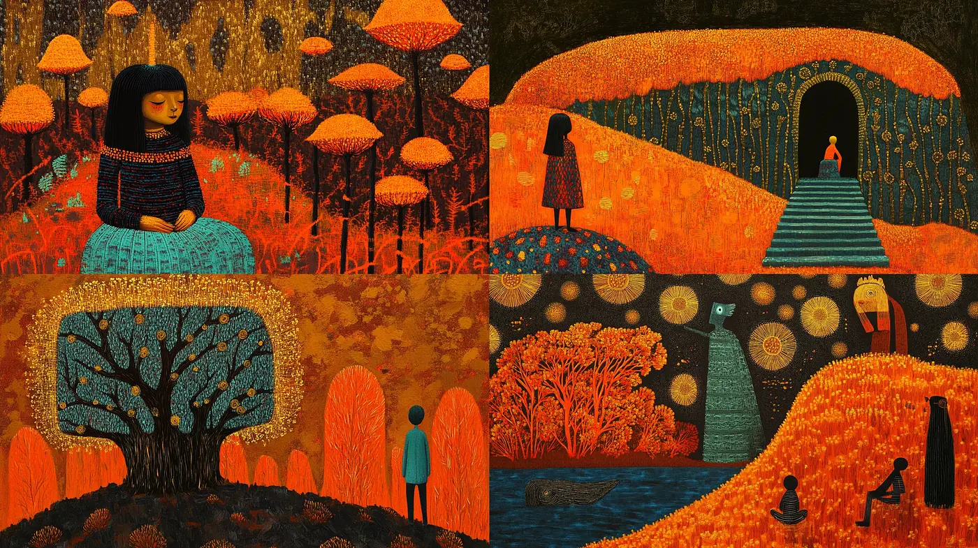 Enchanted Autumn Dreamscapes in Textured Mosaic - Midjourney sref style