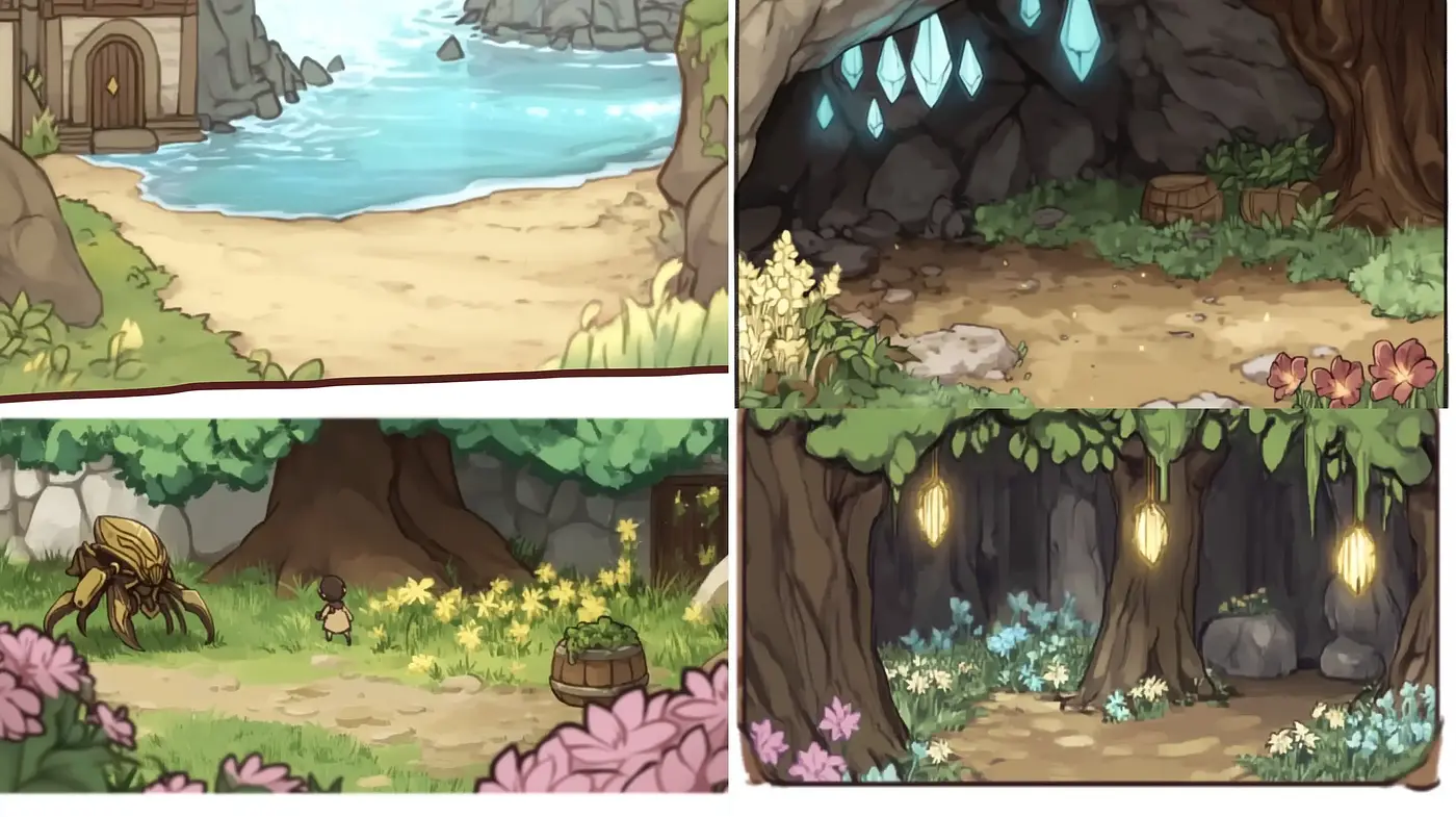 Enchanted Forest Scenes Rendered in Stylized Digital Illustration - Midjourney sref style
