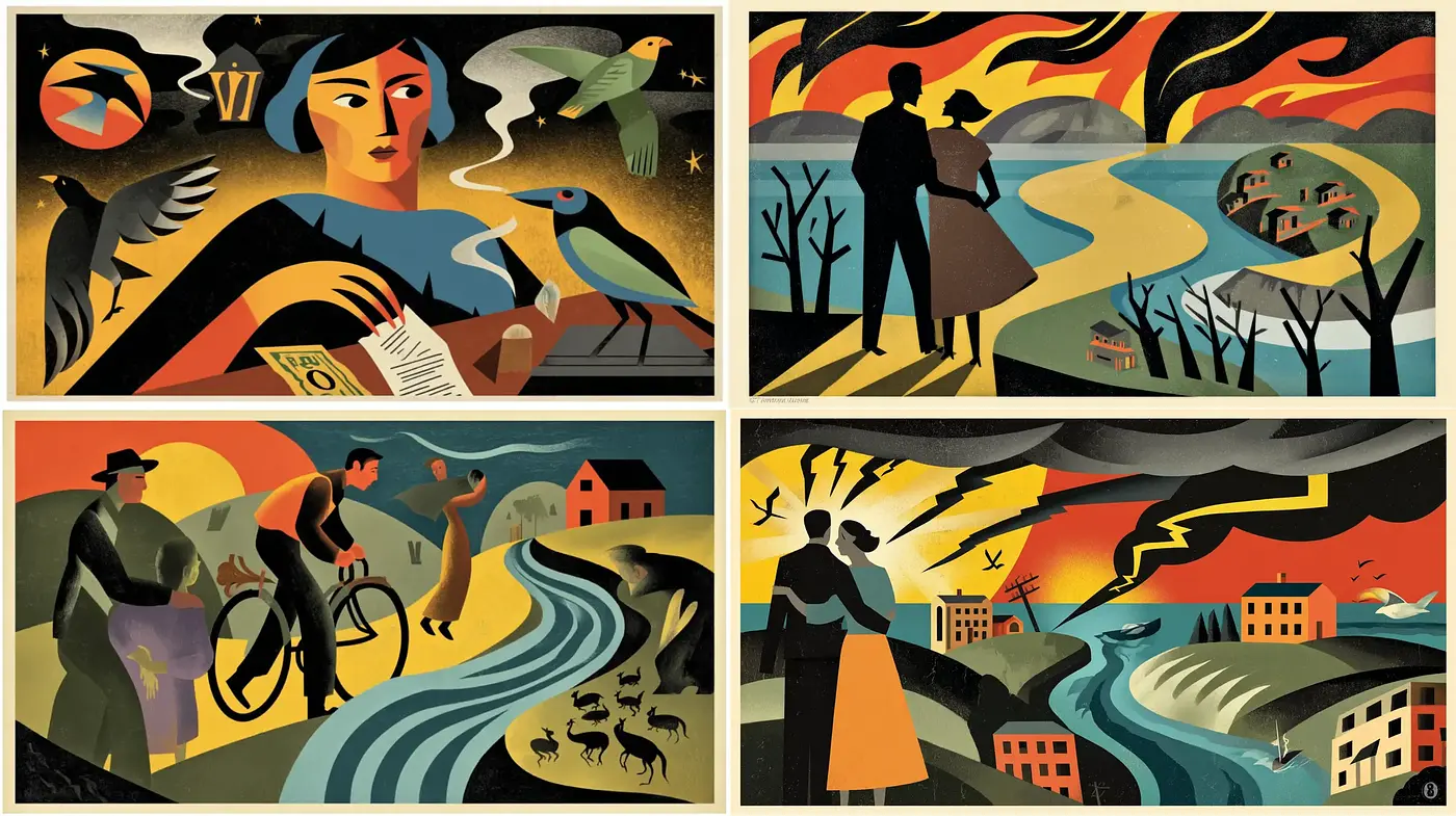 Dynamic Modernist Illustrations with a Bold Narrative - Midjourney sref style