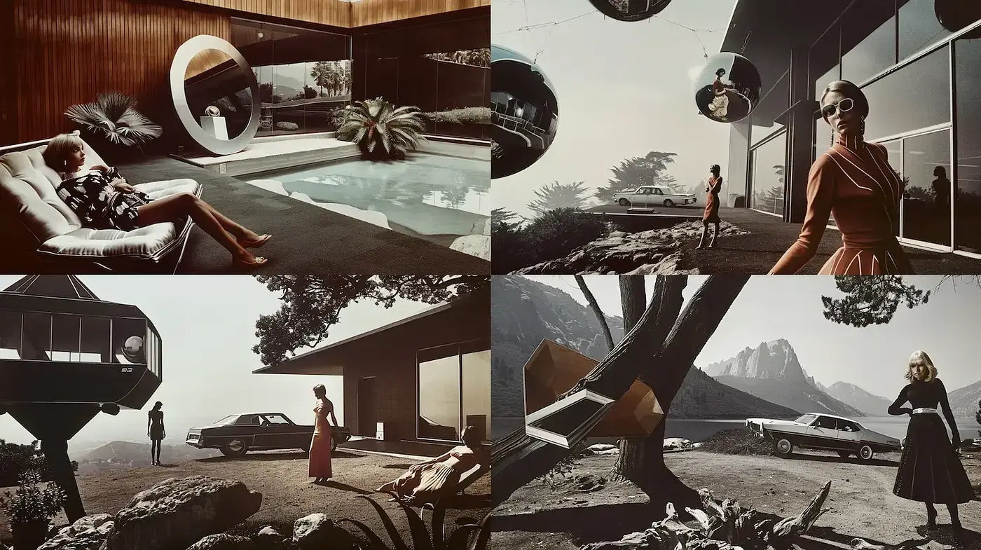 Mid-century modern aesthetic with a cinematic flair and architectural focus - Midjourney sref style