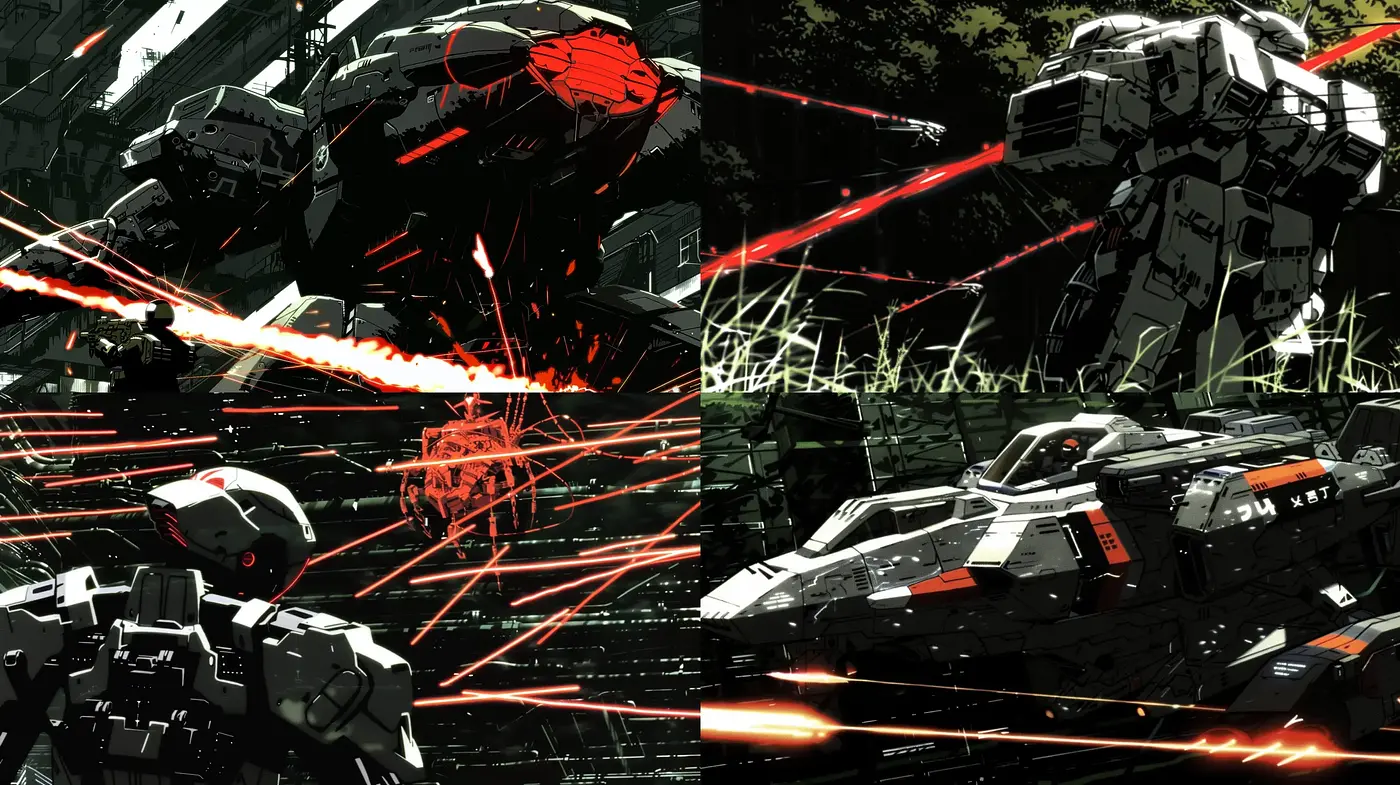 Dynamic Mecha Assault: An Exploration of High-Contrast Sci-Fi Warfare Imagery - Midjourney sref style