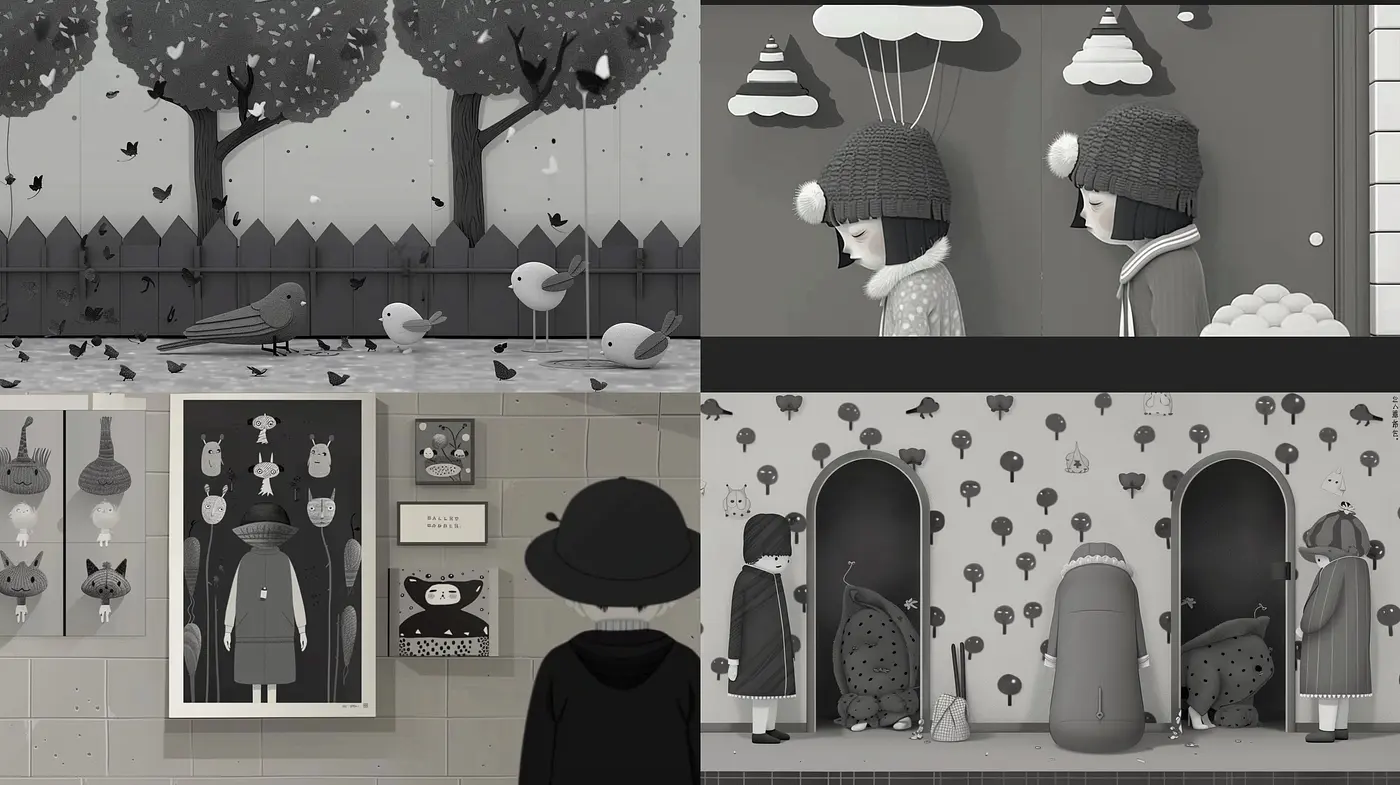 Monochromatic Whimsy in Contemporary Storybook Illustrations - Midjourney sref style
