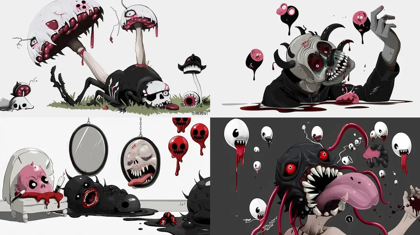 Darkly whimsical, surreal illustrations with a grotesque touch - Midjourney sref style