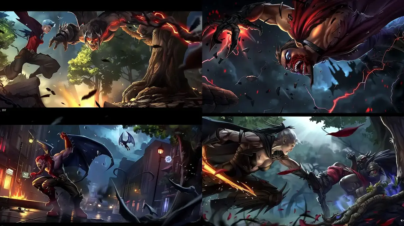 Dynamic and Dramatic Action Scenes with an Overarching Dark Fantasy Theme - Midjourney sref style