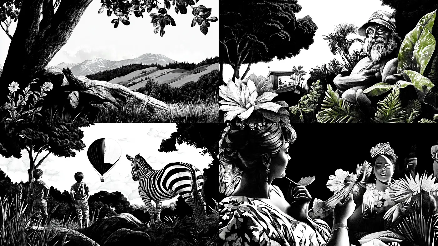 Monochromatic Serenity in a Lush Dreamscape - Midjourney sref style