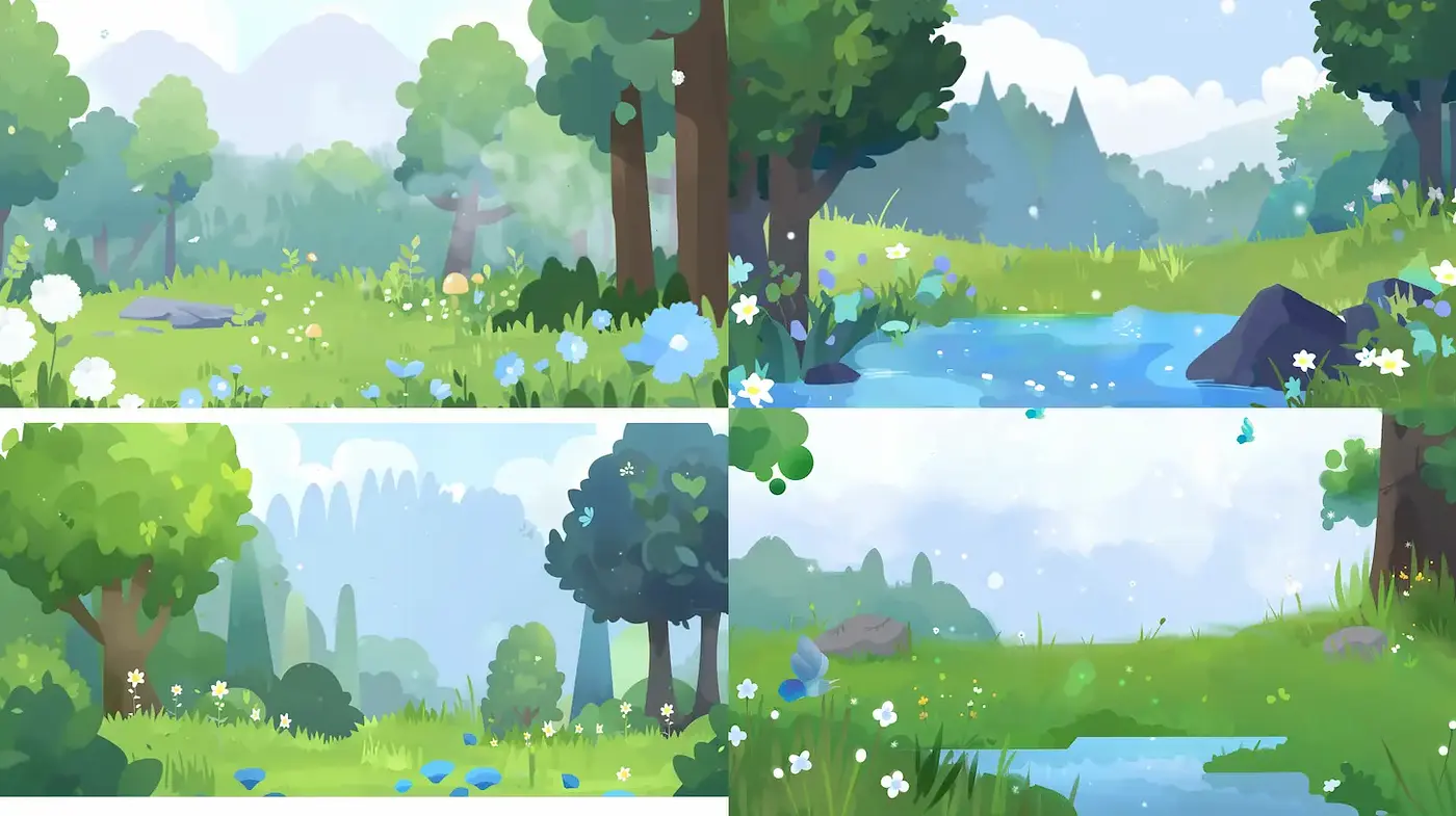 Whimsical and serene landscape illustrations with vibrant flora and soft colors - Midjourney sref style