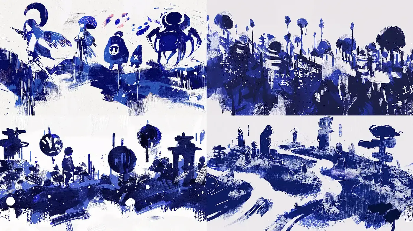 Unique Artistic Composition with Diverse Element Representations and Consistent Textural Approaches - Midjourney sref style