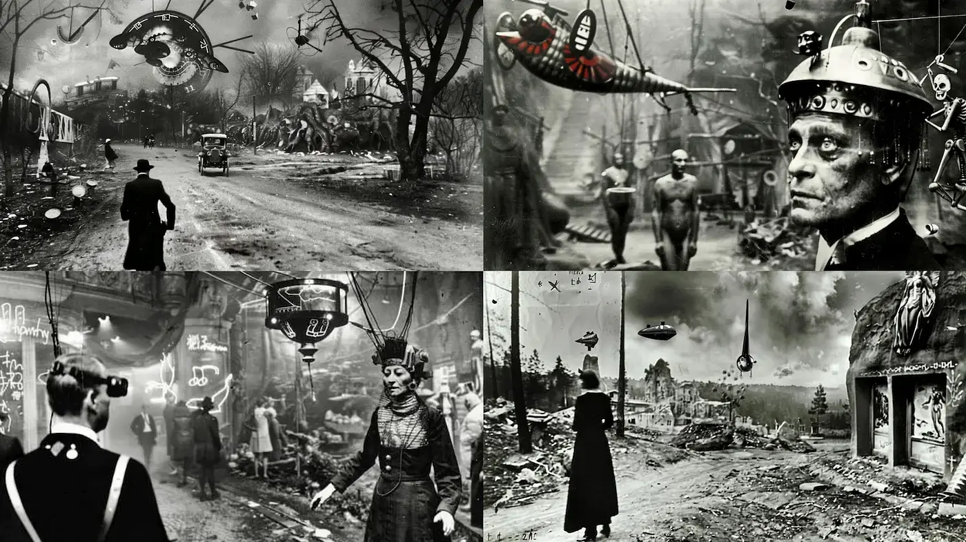 Surreal and Dystopian Noir with Retro Futurism - Midjourney sref style