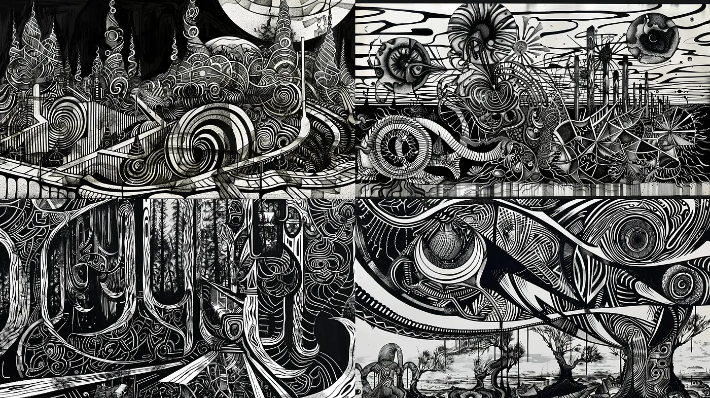 Ethereal Monochrome Dreamscape with Fluid Dynamics - Midjourney sref style
