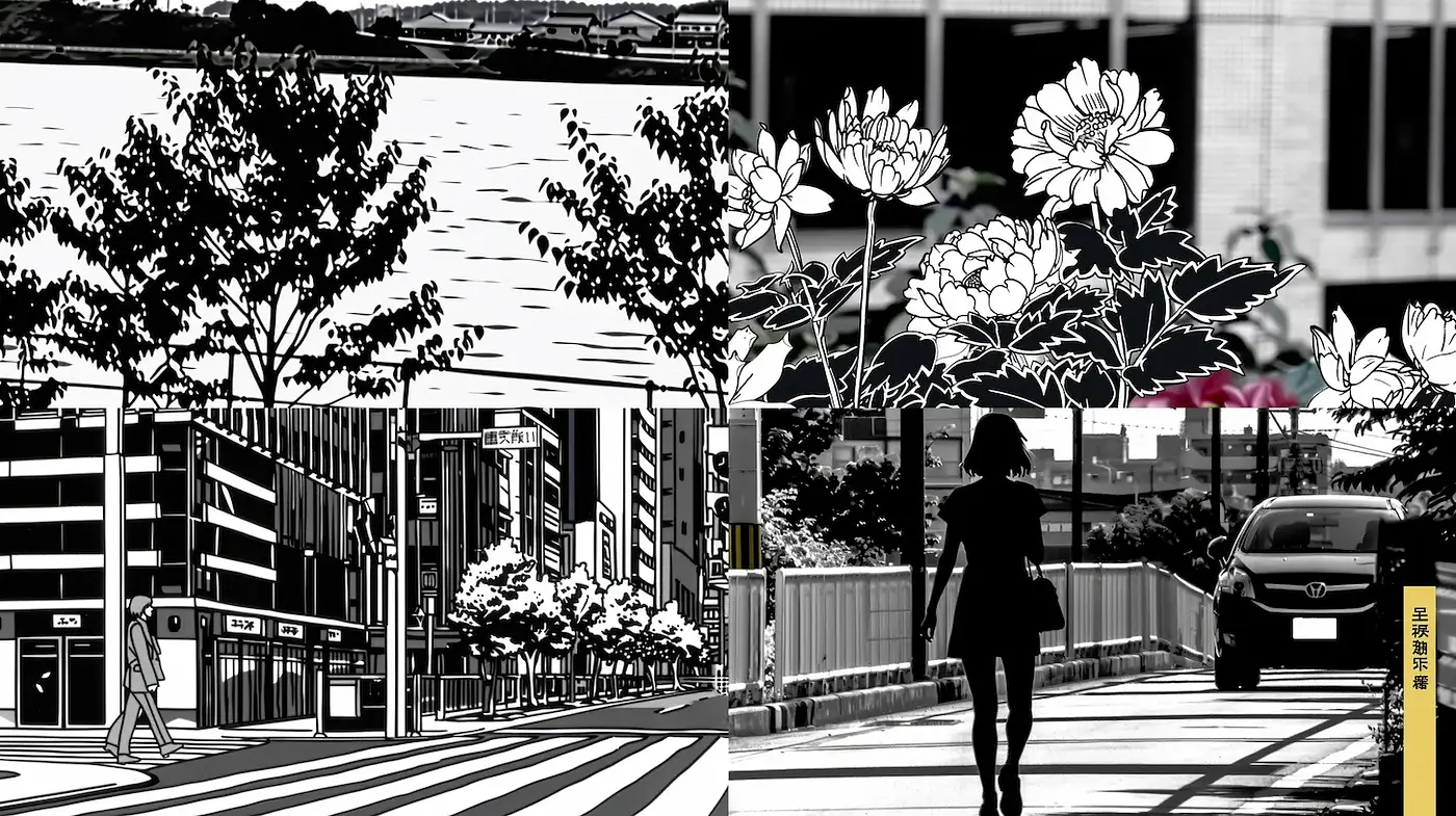 Contrasting Black and White Urban Landscapes with Floral Elements - Midjourney sref style