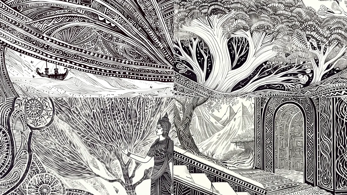 Surreal Monochrome Dreamscape in Intricate Line Art - Midjourney sref style