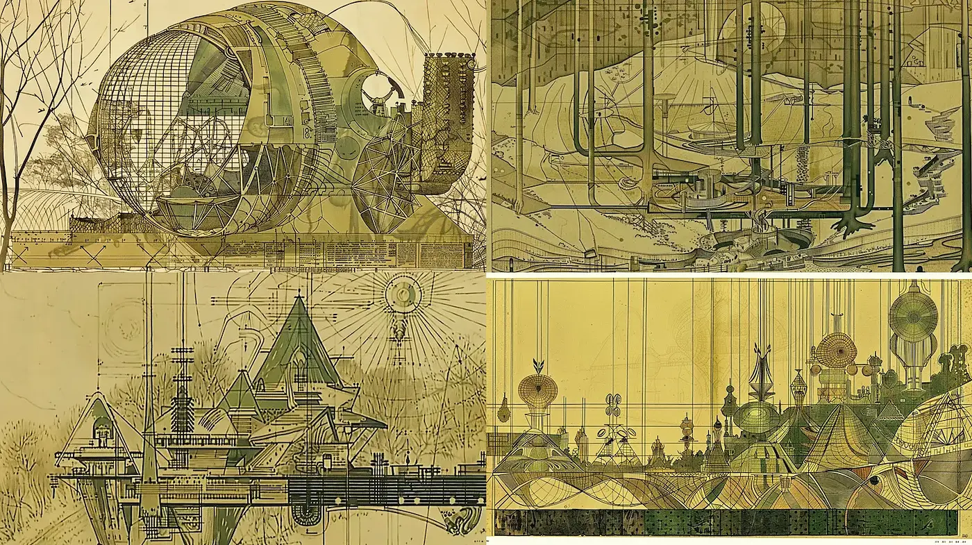 Futuristic Architectural Illustrations with a Vintage Aesthetic - Midjourney sref style