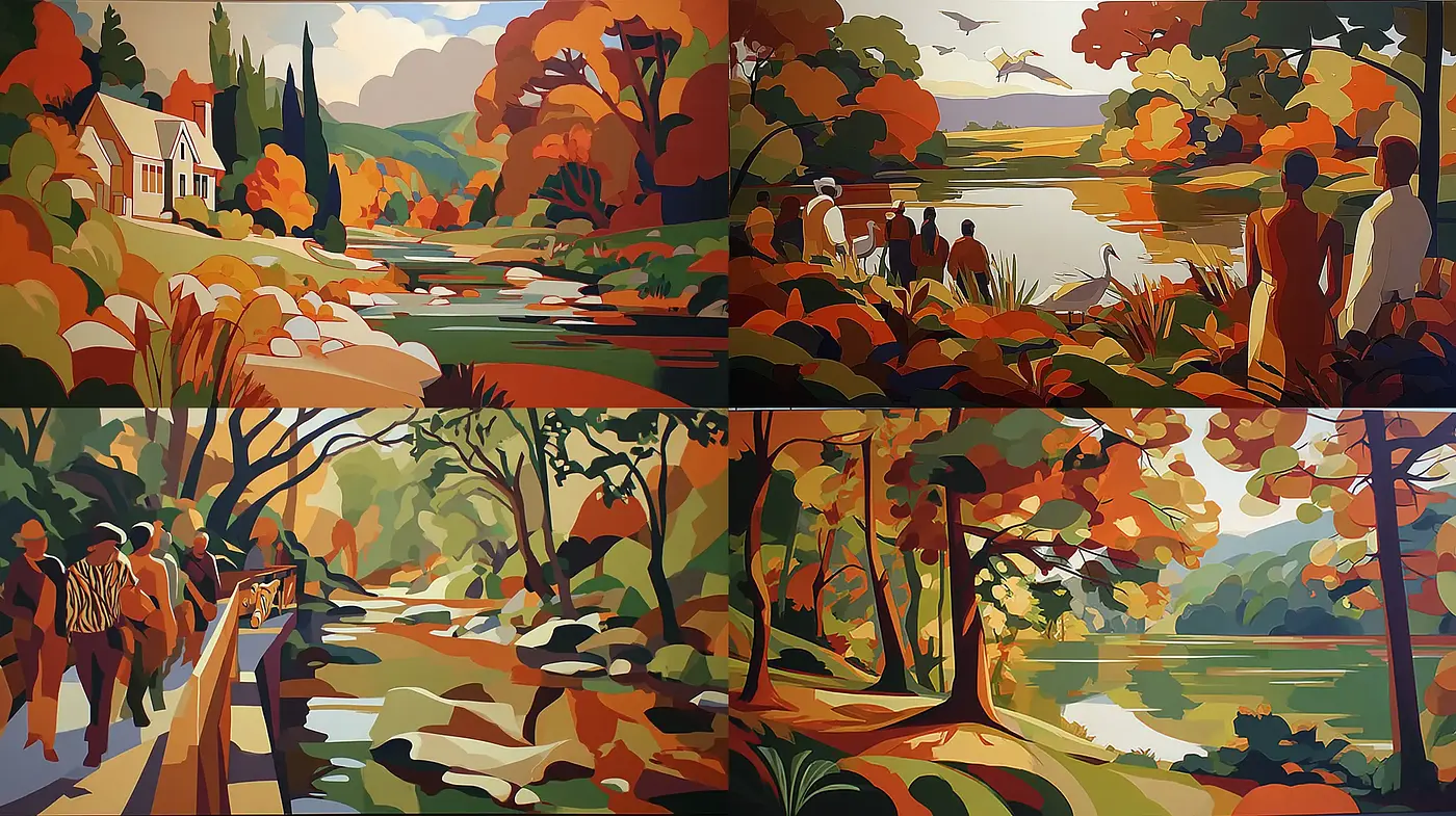 Vibrant Autumnal Landscapes with Simplified Forms and Bold Colors - Midjourney sref style