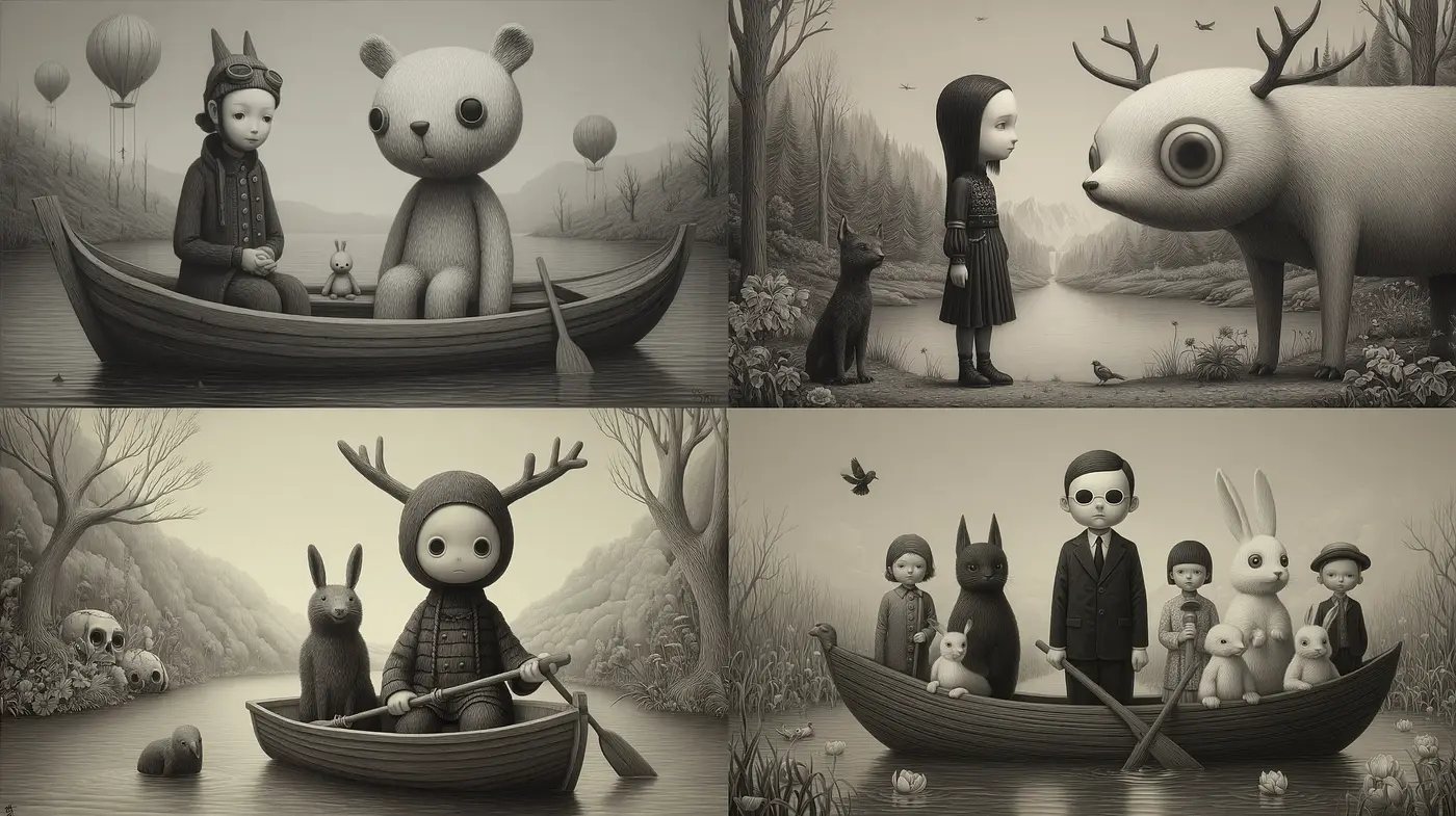 Whimsical and Eerie Folk Art with Surreal Elements - Midjourney sref style