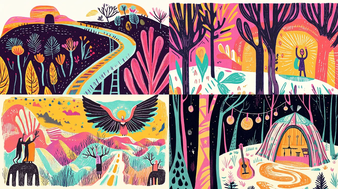 Enchanted Folkloric Landscapes with Vibrant Textural Patterns - Midjourney sref style