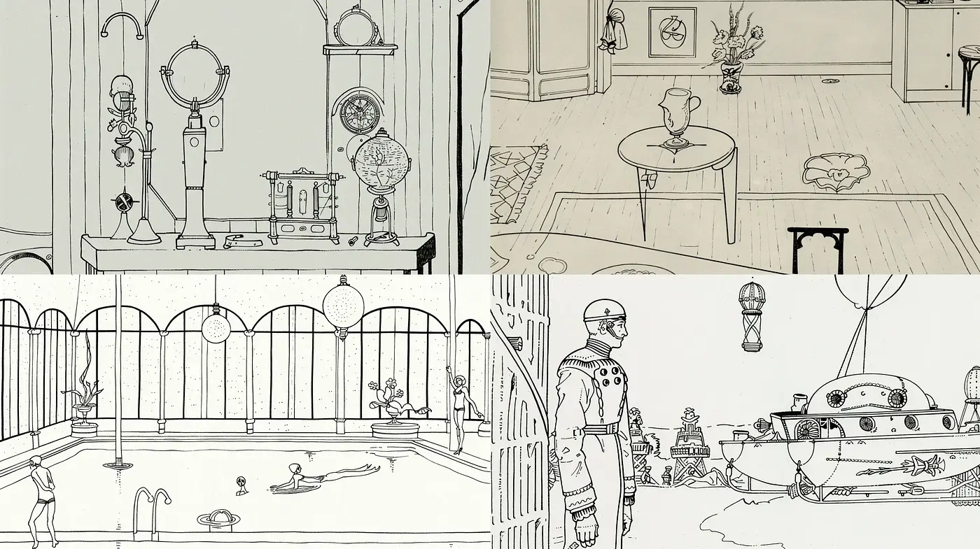 Monochromatic Line Art Dreamscapes - Midjourney sref style