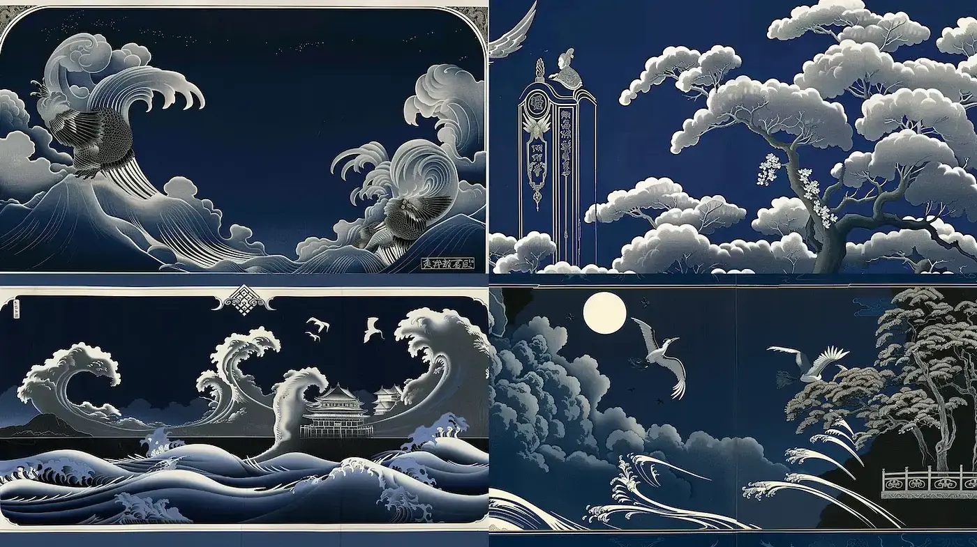Dynamic Artesian Waves in a Harmonious Blue Landscape - Midjourney sref style