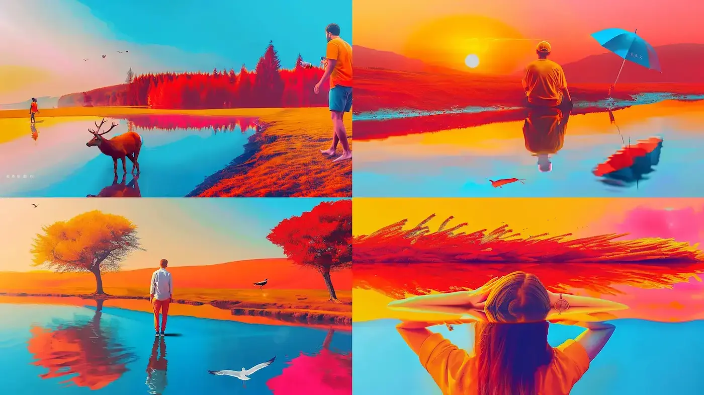 Vibrant and Dreamlike Landscape Illustrations with Surreal Elements - Midjourney sref style