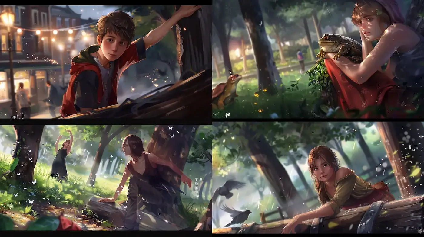 Whimsical and Enigmatic Nature Scenes with Realistic Character Depictions - Midjourney sref style