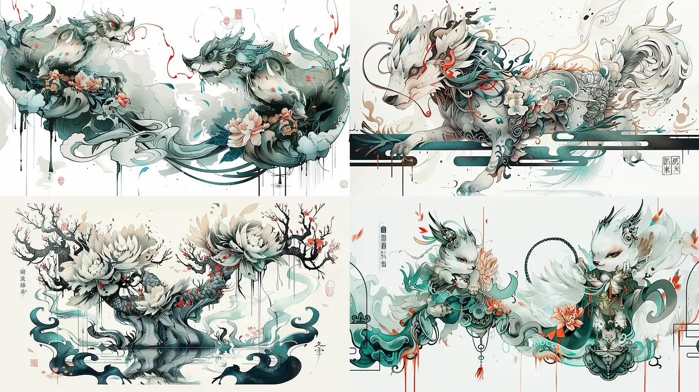 Ethereal Japanese Watercolor-Inspired Creature Illustrations with Flowing Designs - Midjourney sref style