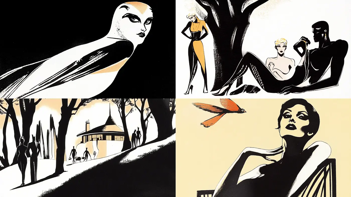 Stylized Monochrome Elegance with a Contrasting Noir Vibe - Midjourney sref style