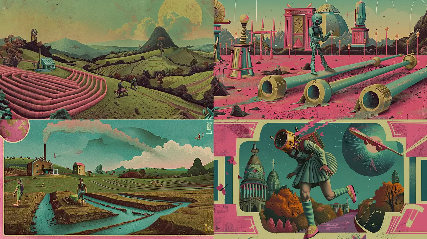 Retrofuturistic Dreamscape with Surrealist Overtones - Midjourney sref style
