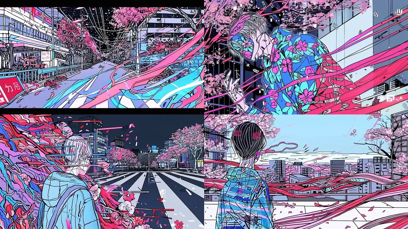 Neon-Infused Cyberpunk Dreamscape with Manga Influences - Midjourney sref style