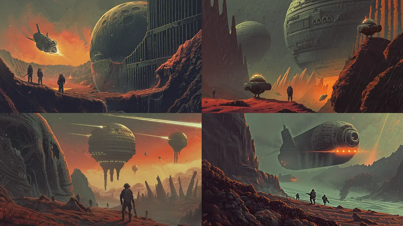 Dystopian Horizons: A Fusion of Warm Sci-Fi Aesthetics and Epic Scale Environments - Midjourney sref style